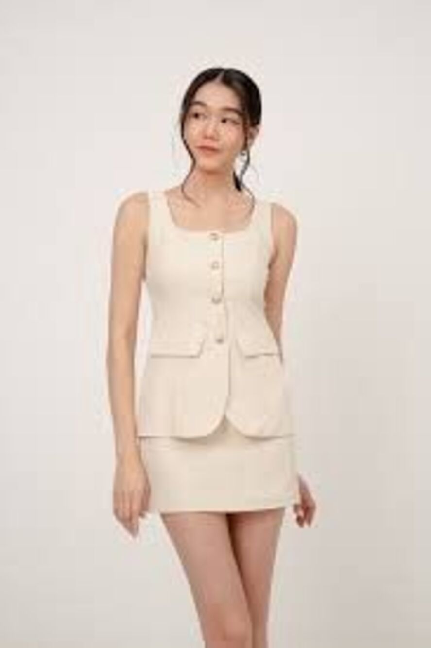 Evenuel One Piece Skirt Suit Romper Cream Square Neck Office Look Preppy Size L